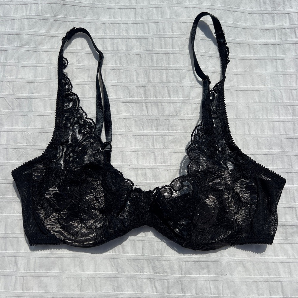 VTG 80s Lily of France Sheer Black Lace Bra, 34B